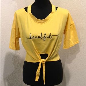 Yellow “Beautiful” cut off T-shirt with tie knot